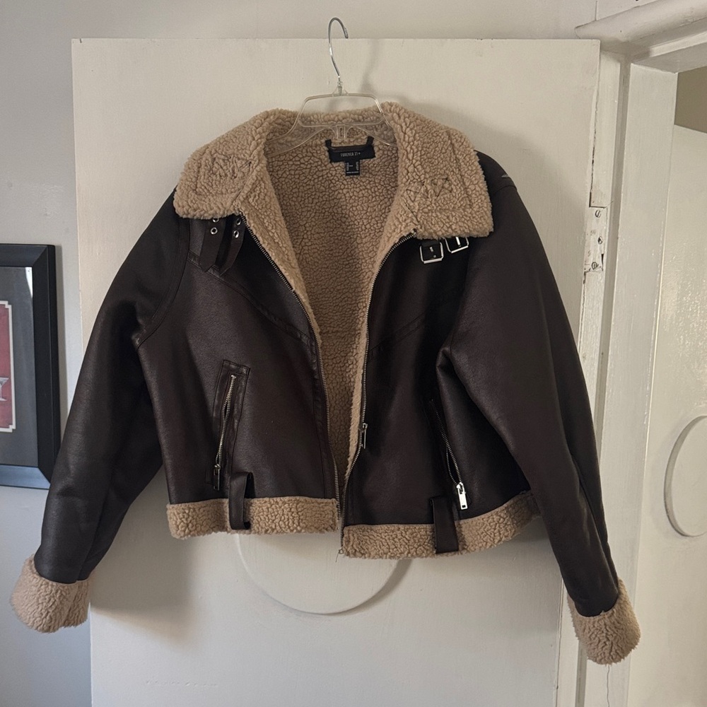 Forever 21 Dark Brown Teddy Jacket with Cream Accents